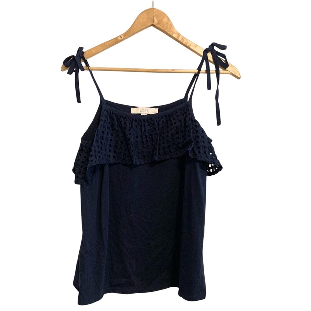 LOFT Navy Blue Sleeveless Eyelet Ruffle Tank Top